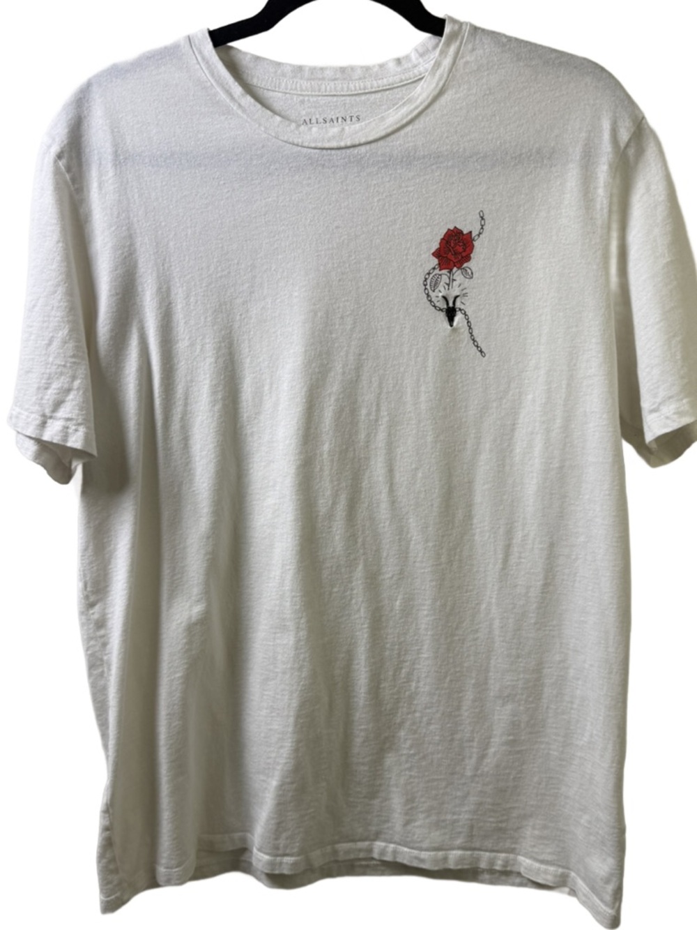 All Saints White Short Sleeve Tee with Red Rose Chest embroidered Graphic